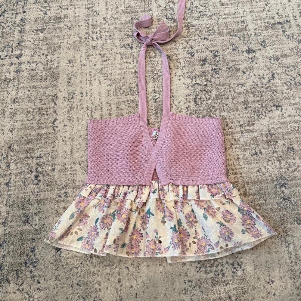 NWT FATE Lavender Knit Cropped Halter‎ Top Floral Eyelet Ruffle Peplum